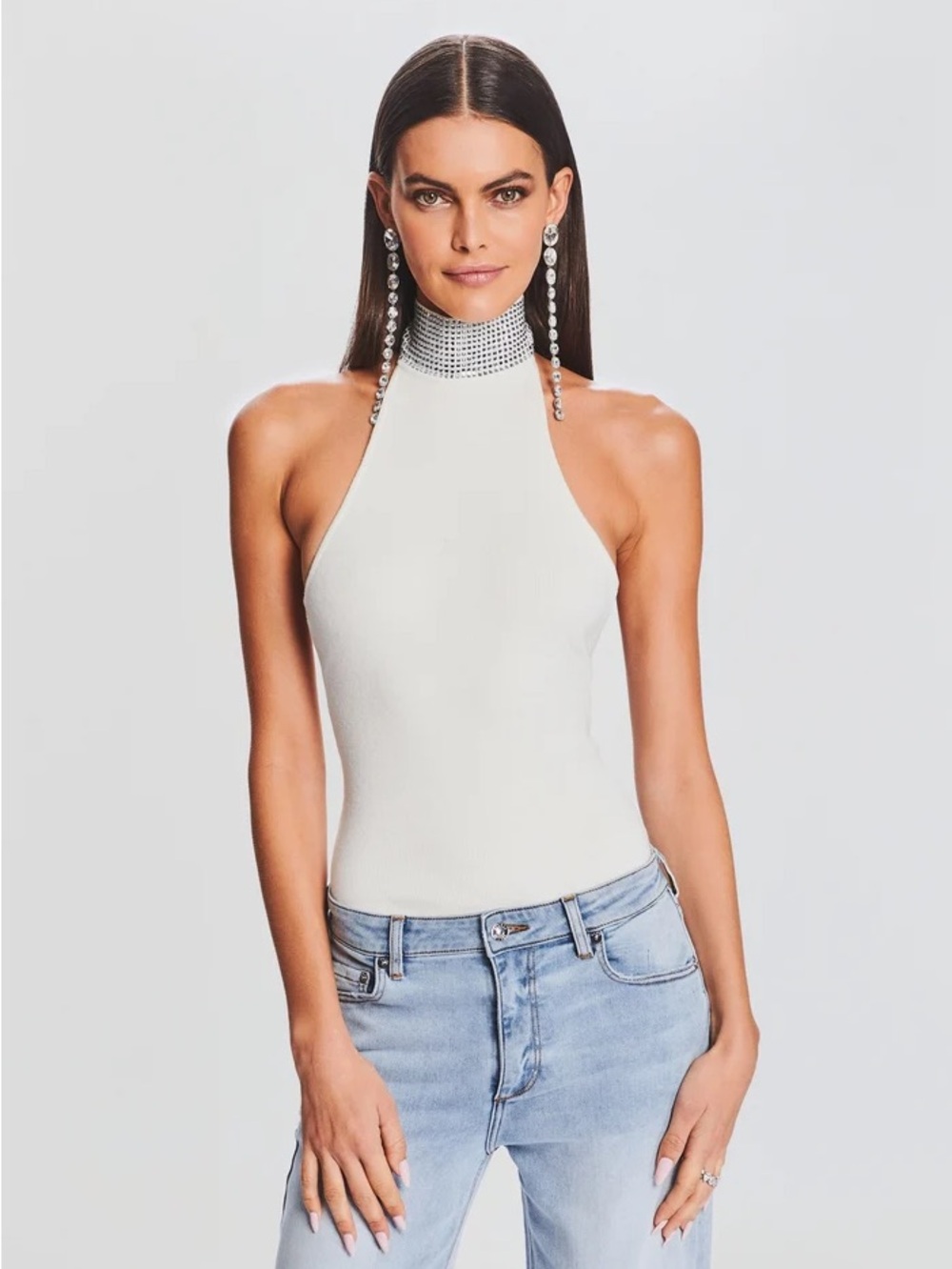 NWT Retrofete Maci White Halter Neck Bodysuit with Embellished Collar Size Small